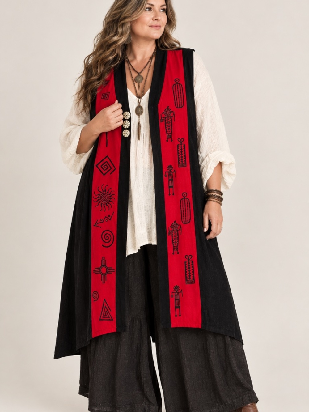 Venus Imports Art to Wear Long Duster Vest Southwest Tribal XL Boho Lagenlook